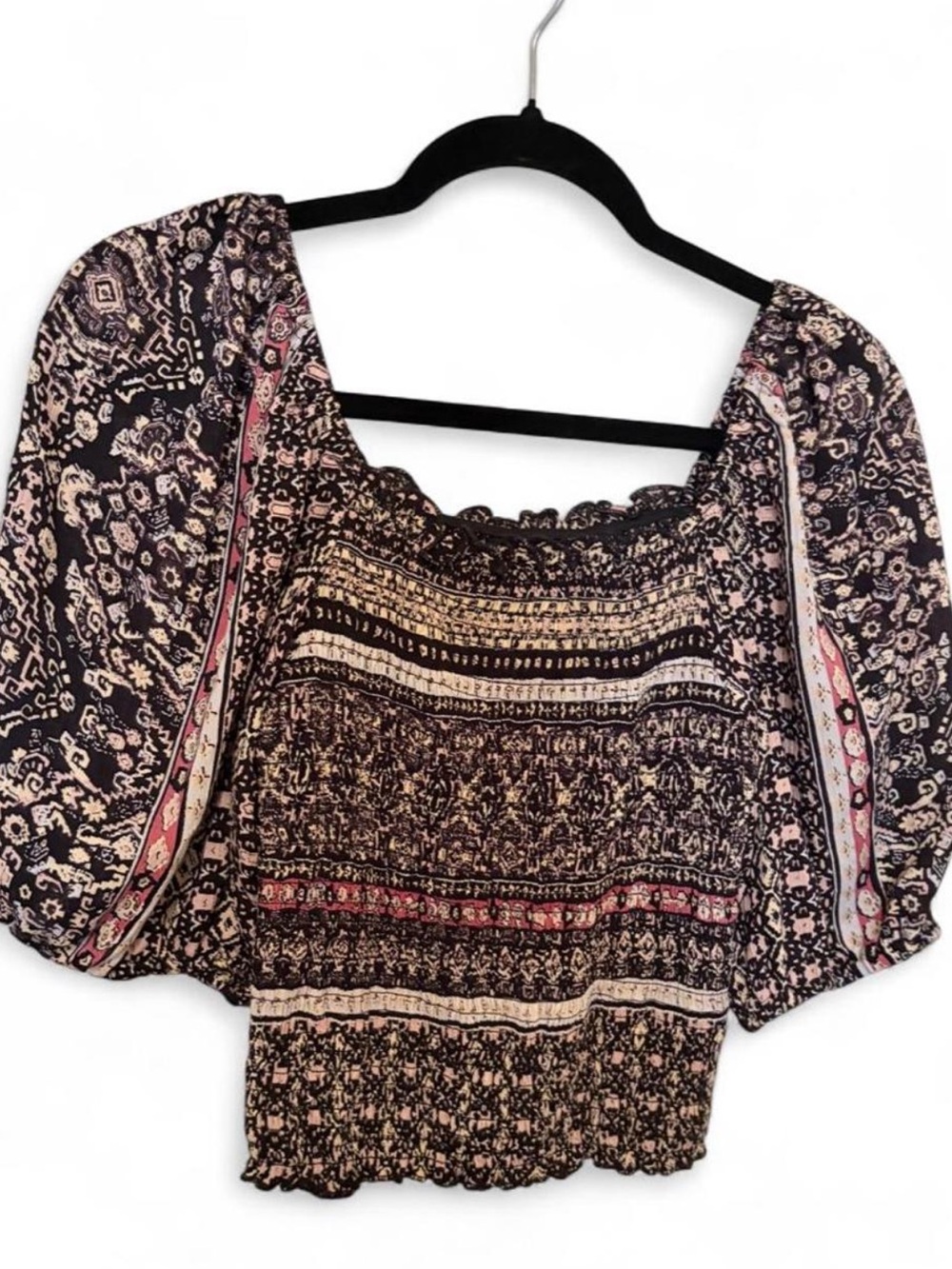 Smocked Square-Neck Peasant Top in Brown & cream paisley & floral print.